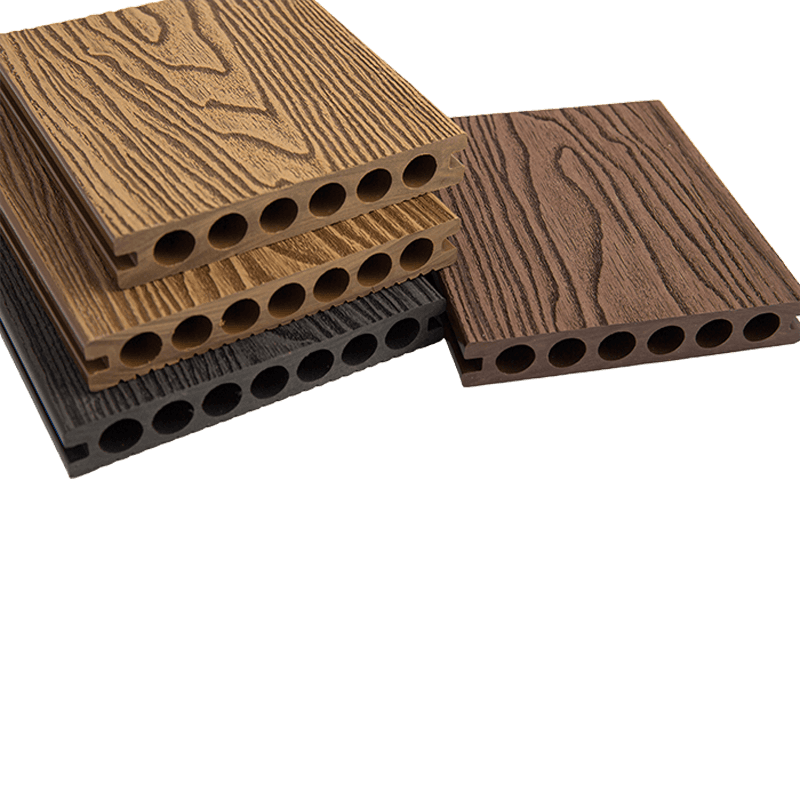 Pisos compuestos de madera y plástico PE con orificios redondos de 140*23 mm (generación 1) Pisos compuestos de madera y plástico PE con orificios redondos de 140*23 mm (generación 1)